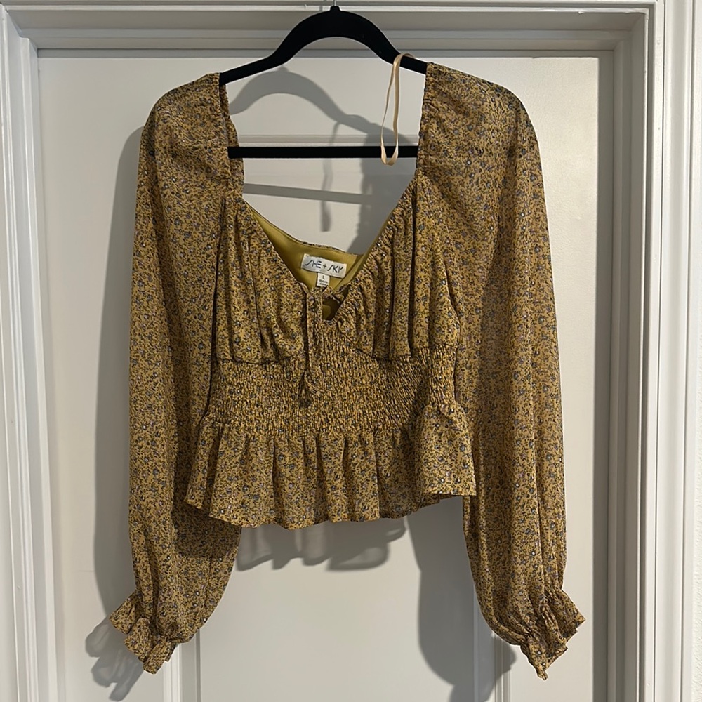 She + Sky Gold Long Sleeve Crop Blouse with Ruffled Tie Front